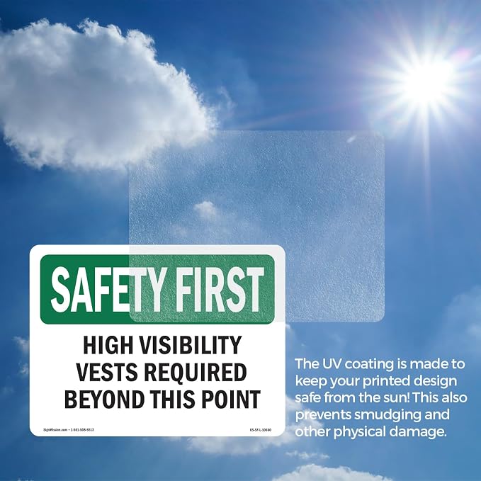 High Visibility Vests Required Beyond This Point OSHA SAFETY FIRST Vinyl Decal Label 7 Inch x 5 Inch - 10 Pack