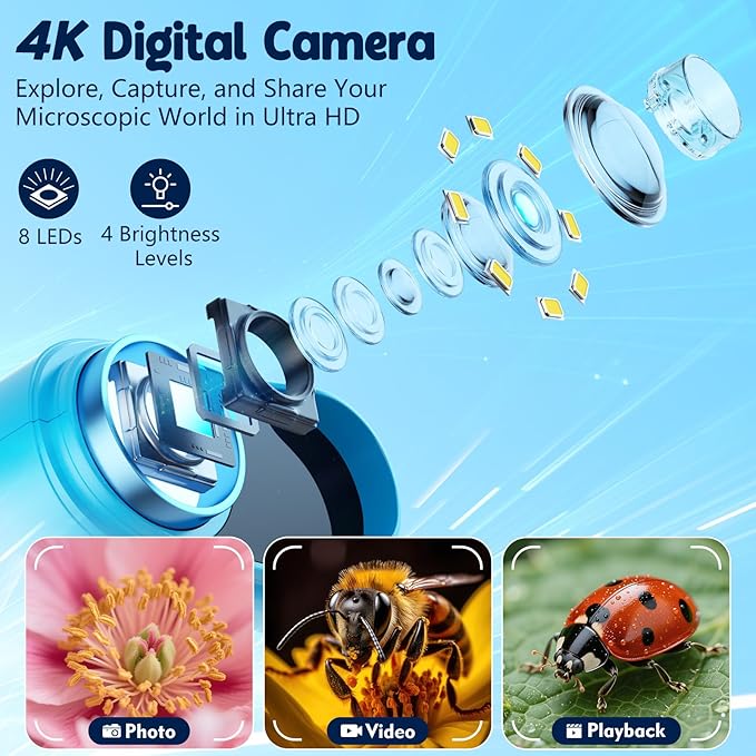 Odatay 4K 1000X Digital Microscope for Kids with Long Distance Viewing & 2.4" Screen, Portable Handheld Edu Toys for Kids Age 3-12 Exploring Bugs Plants at Home Classroom & Outdoor Travel, Blue