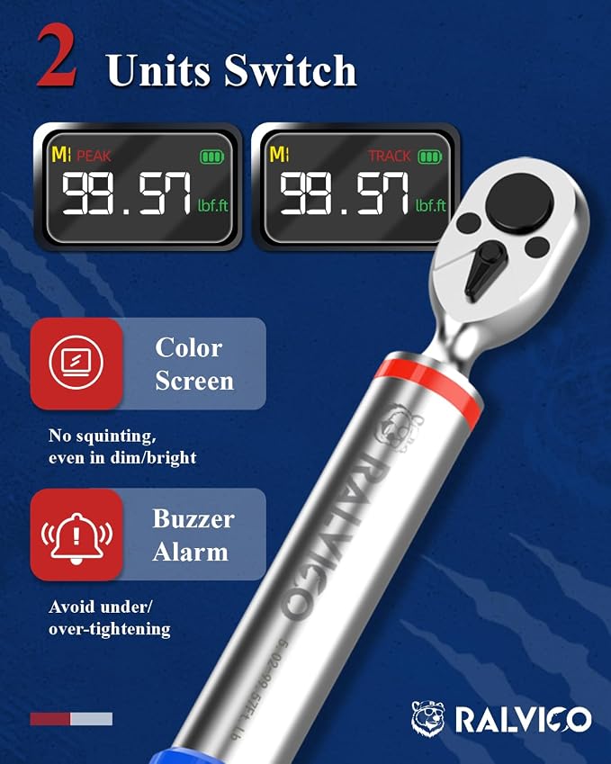 Digital Torque Wrench 3/8 Driver For Motorcycle Engine maintenance | 5.02-99.57 Ft-Lb (6.8-135 N.m)，±2% Accuracy，Peak & Track Mode，Color LED & Buzzer Alerts，Quick Release Head