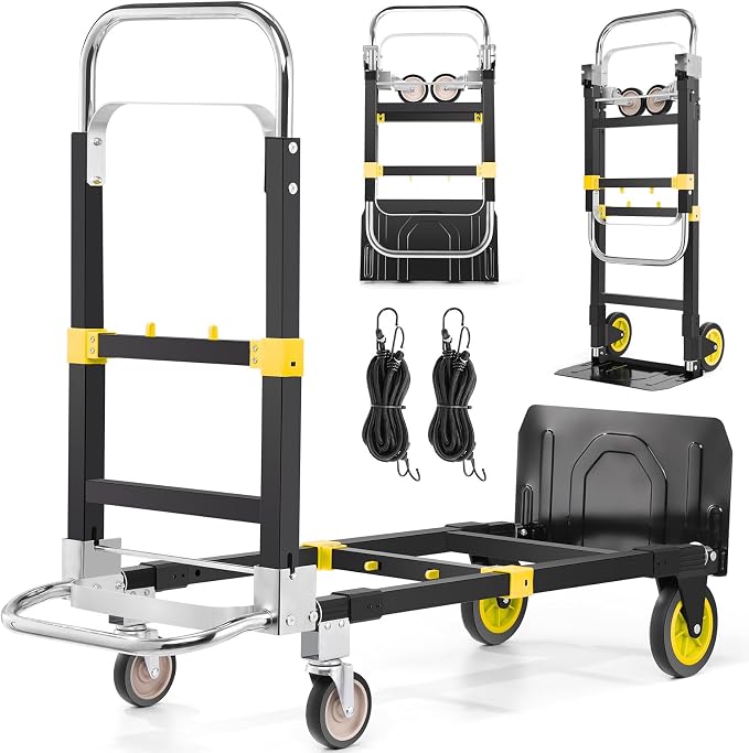 3-in-1 Convertible Heavy Duty Folding Hand Truck Dolly, 600LB Capacity with Rubber& Wheels Telescoping Handles, Portable Collapsible Cart for Warehouse, Supermarket, Office (Yellow)