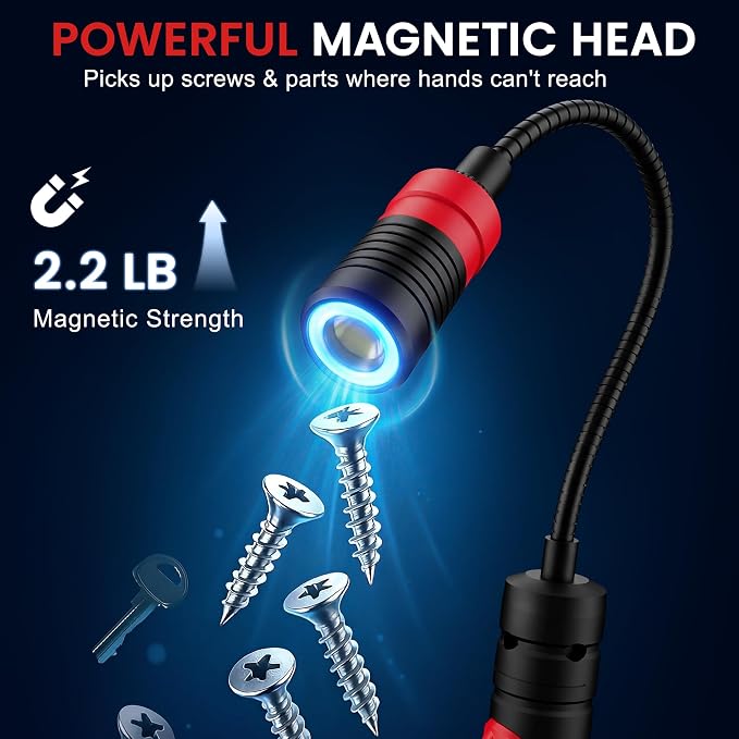 Magnetic Flashlight with Flexible Gooseneck, Rechargeable Work Light LED Flashlight and Magnetic Pickup Tool, Mechanic Light for Work Bench, Auto-Repairing, Inspection, Emergency
