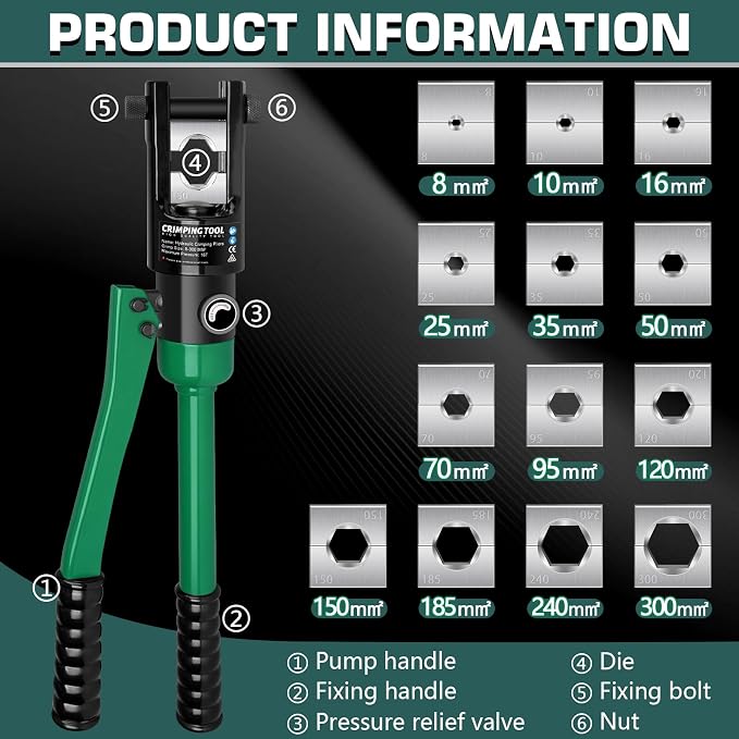 Hydraulic Crimping Tool, 16 Tons Hydraulic Wire Crimping Tool Kit with Cable Cutter and 13 Pairs of Dies, 12 AWG to 600 MCM, Wire Rope Crimping Tool for Battery Cable Ends Ring Terminals Green