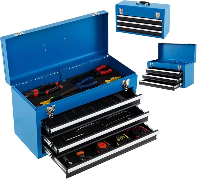 ERGOMASTER Portable Tool Box, Metal Tool Box with 3 Drawers, Lockable Heavy Duty Tool Chest Storage Toolbox for Garage, Workshop (Blue)
