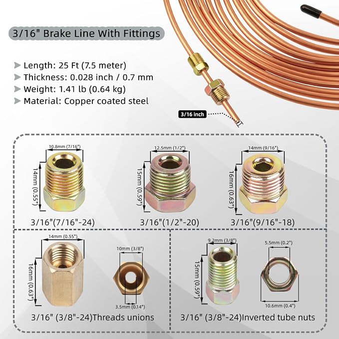 Wostore 25 FT 3/16"+1/4" Copper Coated Brake Line Kit with 44 Brass Fittings & Double/Single Flaring Tool Kit, Complete Brake Line Repair Solution for Cars, Trucks, Motorcycles