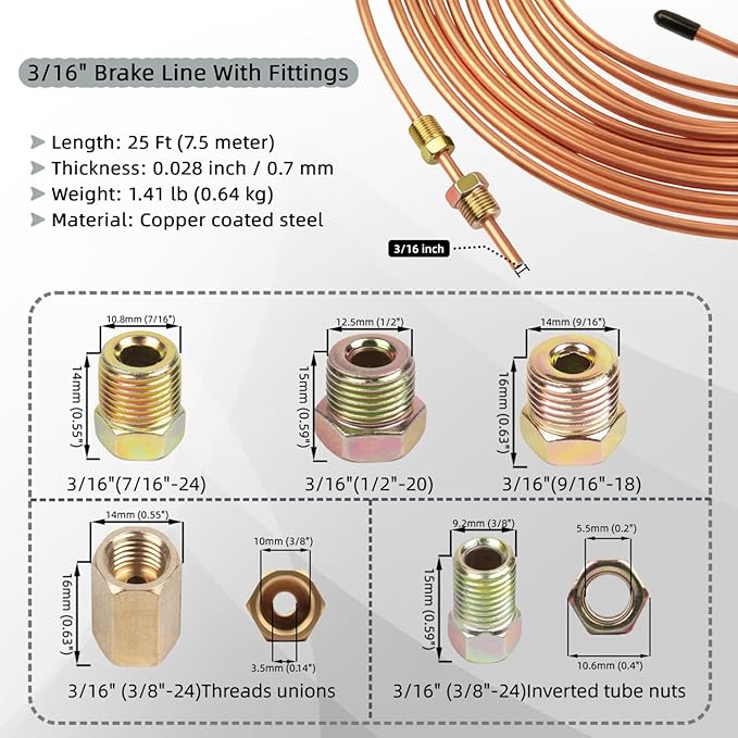 Wostore 25 FT 3/16" Copper Coated Brake Line Kit with 24 Brass Fittings & Double/Single Flaring Tool Kit, Complete Brake Line Repair Solution for Cars, Trucks, Motorcycles
