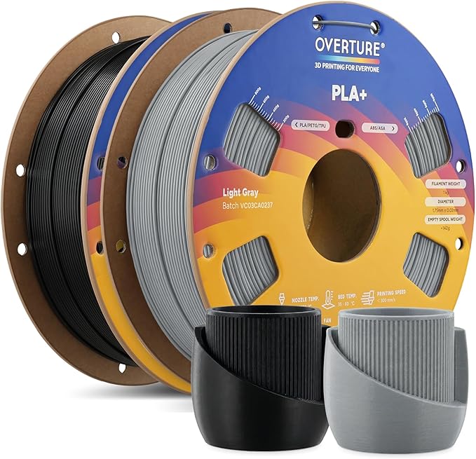 OVERTURE 2KG Bundle High Speed PLA+ 3D Printer Filament 1.75mm, Upgraded Rapid PLA 2.0 with Enhanced Toughness & Stability, 2 Pack 1kg Spool (2.2lbs) Fit Most FDM 3D Printers (Black+Light Gray)