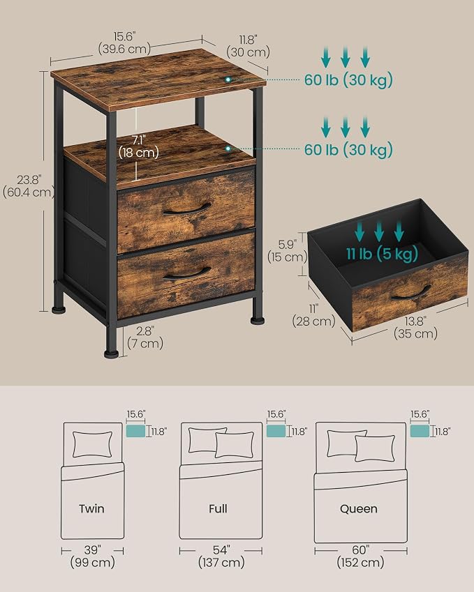 SONGMICS Nightstand, Bed Side Table, End Table with 2 Drawers and 1 Open Shelf, Industrial, Set of 2, Rustic Brown, BELLAH Collection ULGS062K101S