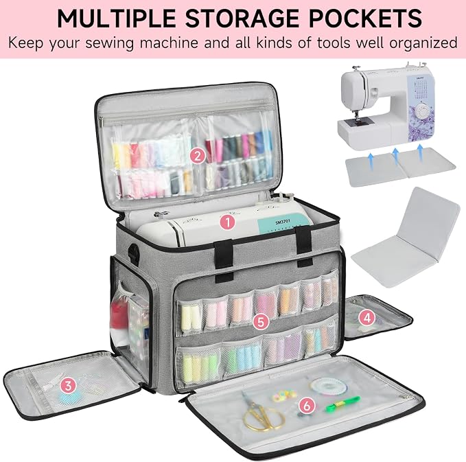 LEFOR·Z Rolling Sewing Machine Case with Wheels,Sewing Machine Carrying Bag,Trolley Tote Bag Fits for Most Standard Singer,Brother,Janome Sewing Machine and Accessories,Grey/Pink