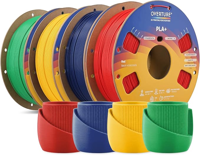 OVERTURE 4KG Bundle High Speed PLA+ 3D Printer Filament 1.75mm, Upgraded Rapid PLA 2.0 with Enhanced Toughness & Stability, 4 Pack 1kg Spool (2.2lbs) Fit Most FDM 3D Printers (Red+Blue+Green+Yellow)