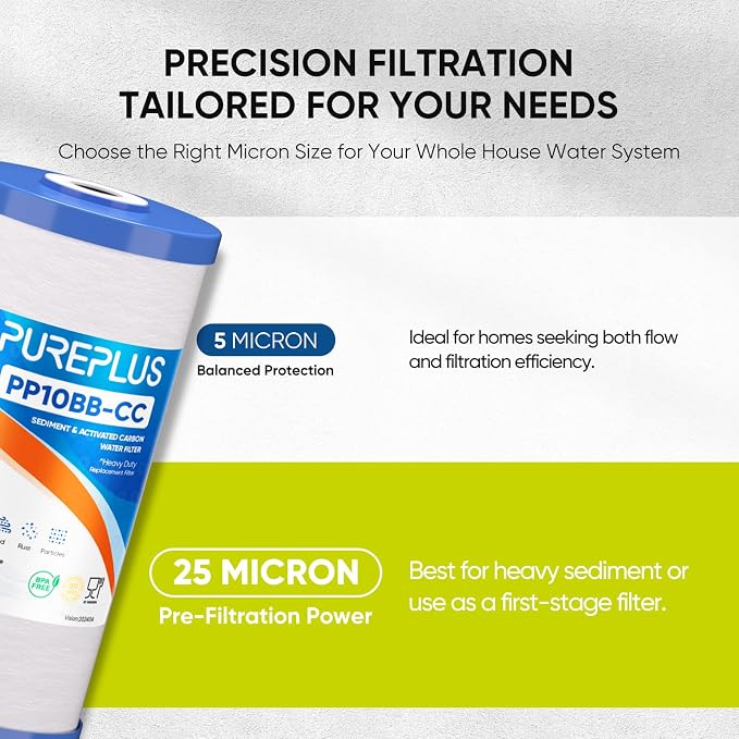 PUREPLUS 25 Micron 10" x 4.5" Whole House Sediment and Carbon Water Filter Replacement Cartridge for GE FXHTC, GXWH40L, GXWH35F, GNWH38S, Culligan RFC-BBSA, WRC25HD, PP10BB-CC, Pentek RFC-BB, 4Pack