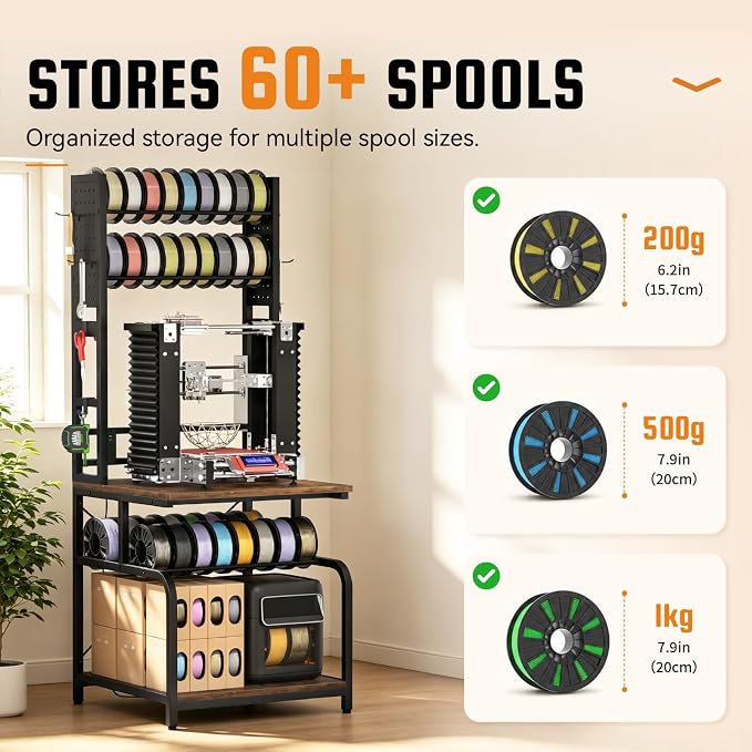 3D Printer Stand with Filament Storage,3D Printer Table with Power Outlets,Sturdy Double-Layer 3D Printer Workstation,for Workshop,Studio,Home Office and 3D Printing Enthusiasts,Retro Brown