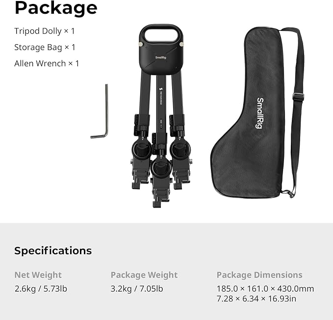 SmallRig Quick-Lock Photography Heavy Duty Tripod Dolly, Heavy Duty with 3" Rubber Wheels, Adjustable Legs, Handle & Carry Bag, 44.1lbs Capacity Tripod Wheels for Filming and Photography