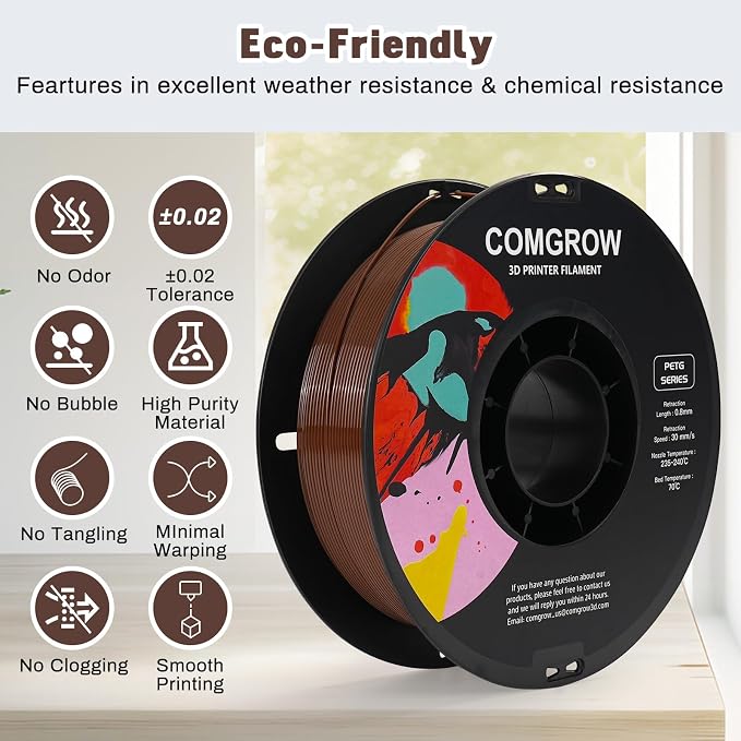 Comgrow PETG 3D Printer Filament 1.75mm, High Precision and Tough 3D Printer Filament 1kg (2.2LBS), Dimensional Accuracy +/- 0.02 mm, Fit Most 3D Printers Coffee