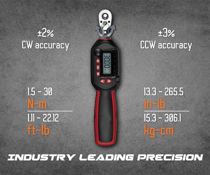 Tapha Tools 3/8 inch Digital Torque Wrench 1.11-22.12 ft-lbs (1.5-30 N-m) Torque Range, Accurate to ±2% Dual Direction, LED and Buzzer Notification, Preset Memory, ISO 6789, Calibrated (WP3N-T030BN)