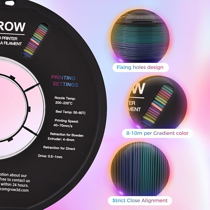 Comgrow Rainbow Colors Silk PLA 3D Printer Filament, PLA Filament 1.75mm, Dimensional Accuracy +/- 0.02 mm, 1KG Spool, Coextrusion 3D Filament with Shiny Silk Rainbow Red