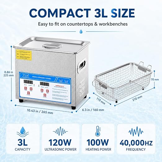 3L Ultrasonic Cleaner with Heater and Digital Timer, 40kHz 120W Professional Ultrasonic Jewelry Cleaning Machine, Stainless Steel Sonic Cleaner for Watches, Glasses, Retainers, Coins and Small Parts