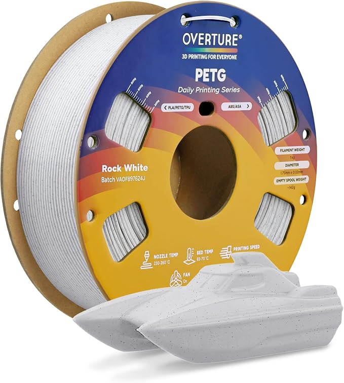 OVERTURE Rock PETG Filament 1.75mm, High Speed 3D Printer Filament, Neatly Wound & Clog-Free, 1kg Spool (2.2lbs) Rapid PETG, Dimensional Accuracy +/- 0.02mm, Fit Most FDM Printers (Rock White)