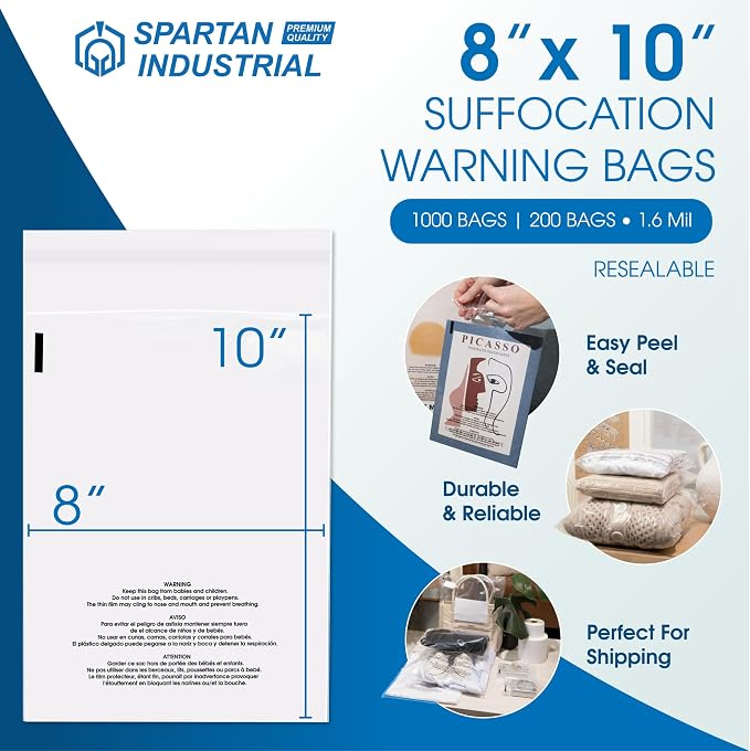 Spartan Industrial - 8” X 10” (1000 Count) Self Seal Clear Poly Bags with Suffocation Warning for Packaging, T Shirts - Resealable Glue