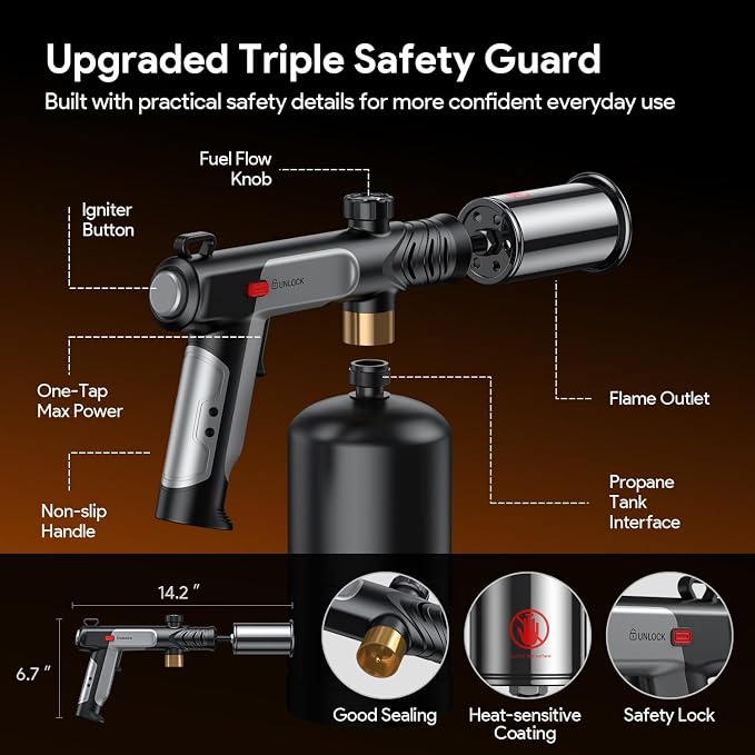 Propane Torch Gun, 30,000 Stable Ignition Kitchen Blow Torch with One-Touch Max Fire, Safety Lock & Adjustable Flame, Propane Torch Head for Searing Steak, Grill, BBQ, Charcoal Starter, Campfire