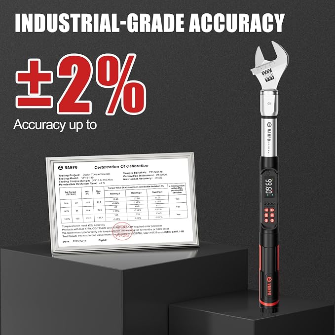 VANPO Adjustable Digital Torque Wrench, 5-99.6 Ft.lb/6.8-135Nm for Split AC | Electronic Torque Wrench with 38mm Jaw and 1/2" Ratchet, ±2% Accuracy, Buzzer, Vibration and LED Indicator for Moto, Car