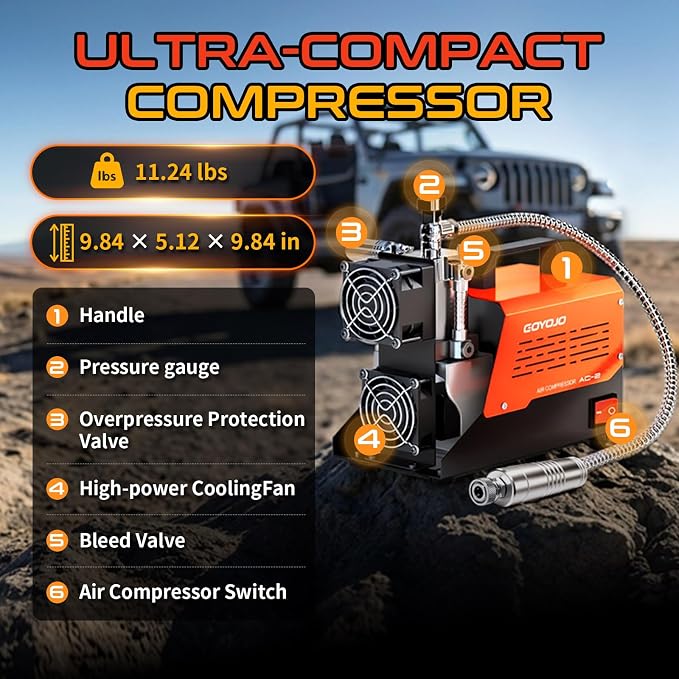 GOYOJO AC-2 PCP Air Compressor, 4500 PSI/30 MPa Portable Oil-Free Air Pump, Up to 45 Min Continuous Runtime, 12V DC & 110V/220V AC Converter, for PCP Airguns & HPA Paintball Tanks