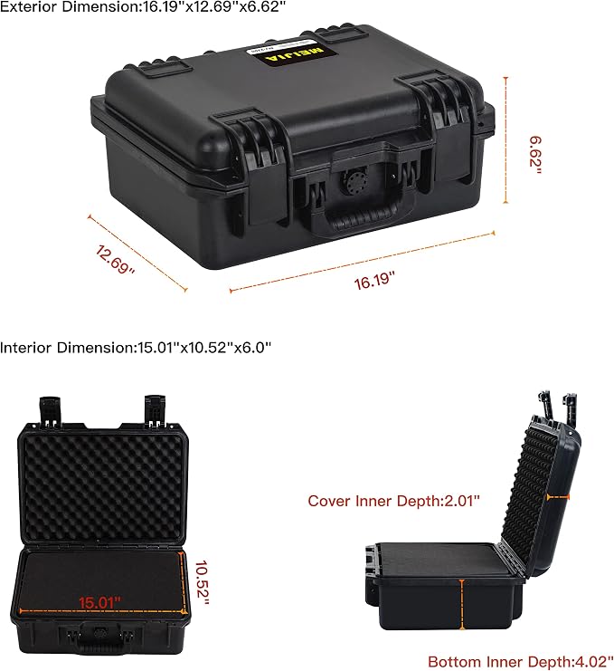 MEIJIA Premium Waterproof Hard Camera Case,Hard Case with customizable fit foam,Full Protection with Light&Convenient Design,Elegant Black (16.19"x12.69"x6.62")