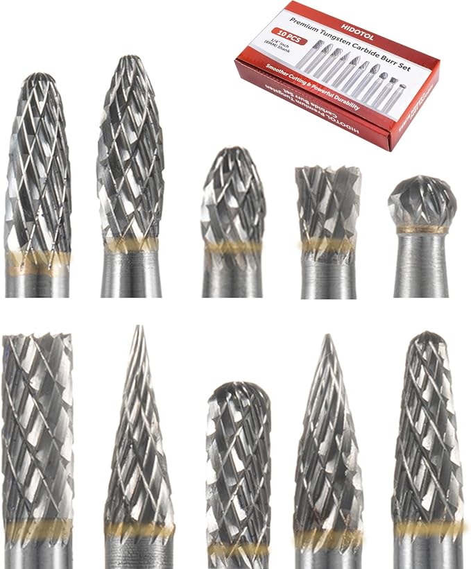 HIDOTOL Carbide Burr Set 10PC 1/4" Shank – 6mm Tungsten Double Cut Carbide Rotary Burr Set for Metal and Wood Carving, Grinding, Polishing, Engraving, Drilling.