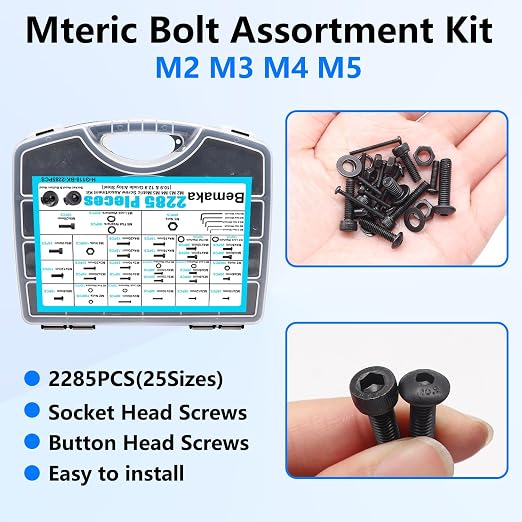 2285PCS M2 M3 M4 M5 Metric Screw Assortment Kit, Socket Head & Button Head Metric Screws and Nuts Set, 10.9 & 12.9 Grade Alloy Steel Machine Screws for 3D Printing