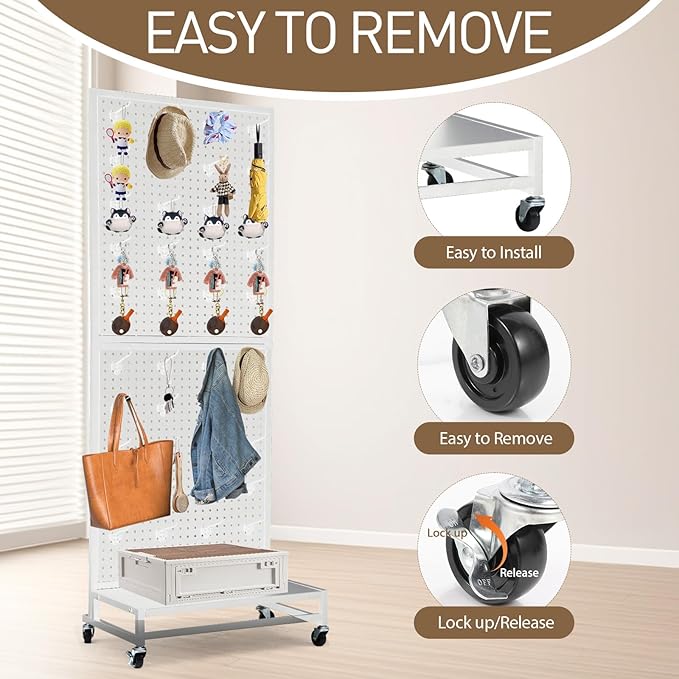 Eastern Tree Metal Pegboard Display Stand 2'x 5'with Base Plate, Pegboard Panels Display with Wheels, Peg Board Display Rack, Standing Pegboard Display with 30 Hooks - White