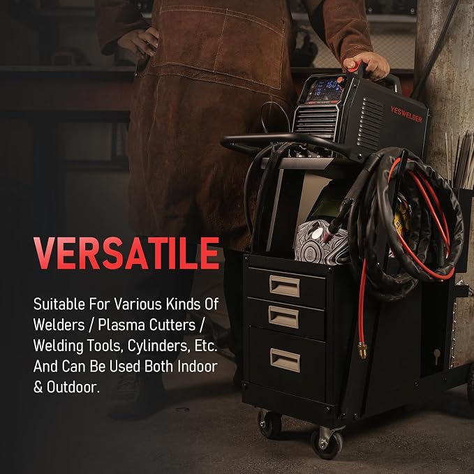 YESWELDER Welding Cart with 3 Drawers for MIG Welder TIG Welder and Plasma Cutter, Heavy Duty Large Storage 360° Rolling Welding Trolley