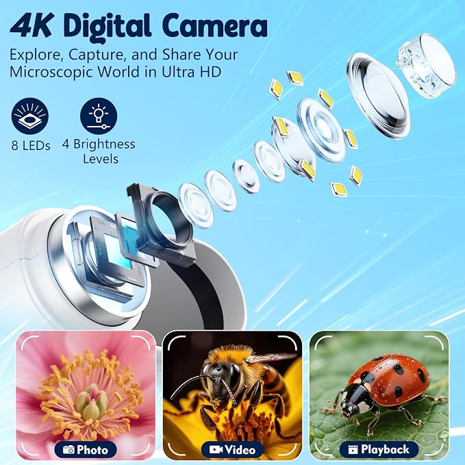 Odatay 4K 1000X Digital Microscope for Kids with Long Distance Viewing & 2.4" Screen, Portable Handheld Edu Toys for Kids Age 3-12 Exploring Bugs Plants at Home Classroom & Outdoor Travel, White