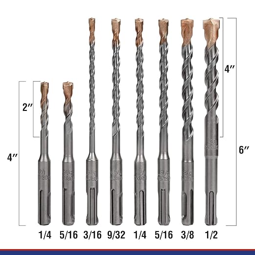 WORKPRO 8-Piece SDS-Plus Drill Bit Set, Carbide Tip, SDS+ Rotary Hammer Drill Bit Set with Storage Case for Brick, Cement, Stone & Concrete