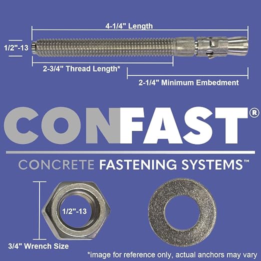 CONFAST 1/2" x 4-1/4" Wedge Anchor Zinc Plated (Box of 25)