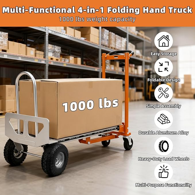Aluminum 4 in 1 Convertible Hand Truck Dolly, 1000Lbs Capacity, Heavy Duty Folding Hand Truck Dolly Cart with Wheels 10" All-Terrain Tires, Hand Trucks for Logistics, Moving Home, Shopping, Office