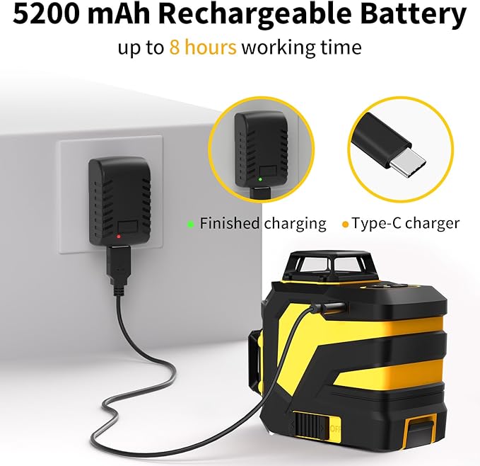 IKOVWUK Laser Level with 12 Green Lines, Built-in 5200 mAh Li-ion Battery | 3×360° Full Coverage, for Construction and Picture Hanging