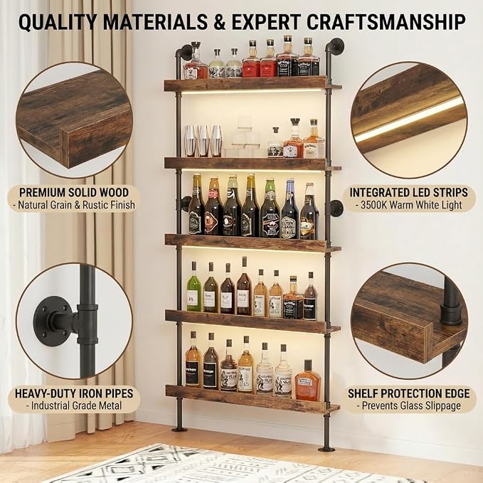 5-Tier Wall Mounted Wine Rack with LED, Industrial Pipe Bar Shelf for Wine Bottle Storage, Industrial Pipe Shelves Shelf Shelving for Home Bar Dining Room Kitchen (24INCH-LED)