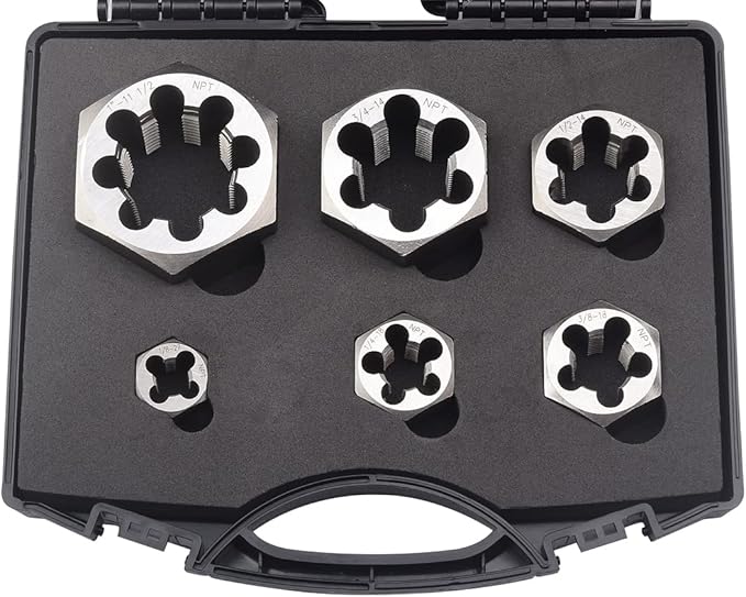 NPT Pipe Hex Die Set 6 Pcs Cartbon Steel 1/8"-27 1/4"-18 3/8"-18 1/2"-14 3/4"-14 1"-11 1/2