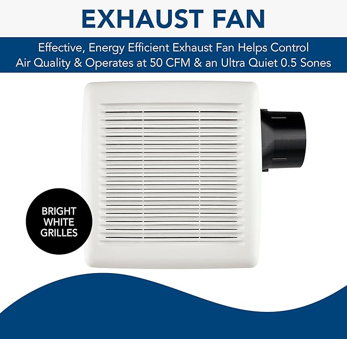 Broan-NuTone AE50 Ventilation Fan with Roomside Installation, ENERGY STAR Certified, Ceiling or Wall Mount, 50 CFM, 0.5 Sones, White