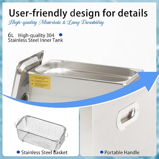 6L Ultrasonic Parts Cleaner with Heater and Digital Timer, 40kHz 180W Professional Ultrasonic Cleaner Machine with Drain Valve for Carburetors, Fuel Injectors, Auto Parts, Tools and Jewelry