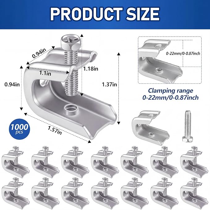 Hicarer 1000 Pcs 1/4" x 20 Beam Clamp Steel Screw in Hooks for Flanges Strong Threaded Rod Wire Ring with Harden Point Screws