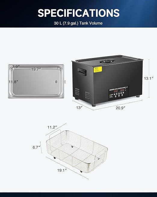 CREWORKS 30L Digital Ultrasonic Cleaning Machine with Degas and Gentle Mode, 600W Ultrasonic Cleaner Machine with Heater and Timer, 7.9 gal Ultrasound Cleaner for Retainer Watch Auto Tool Machine Part