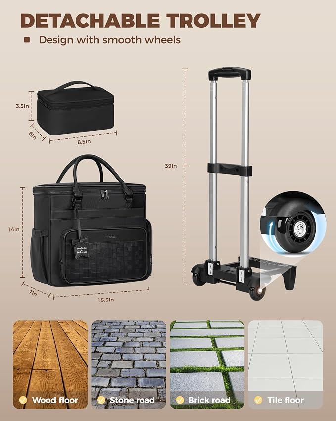 Ytonet Rolling Laptop Bag with Large Cup Holder, 15.6 In Rolling Briefcase for Women Rolling Teacher Bag with Insulated Lunch Box, Detachable Trolley Roller Tote Bags for Work, Office, Teacher, Black