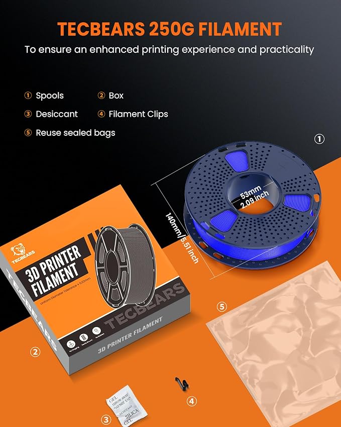 TECBEARS TPU Filament 1.75mm, 95A 3D Printer Filament, Flexible TPU Filament for Fast Printing, 250G Spool, 8 Rolls, 2KG in Total, Black+White+Transparent+Grey+Red+Blue+Green+Orange