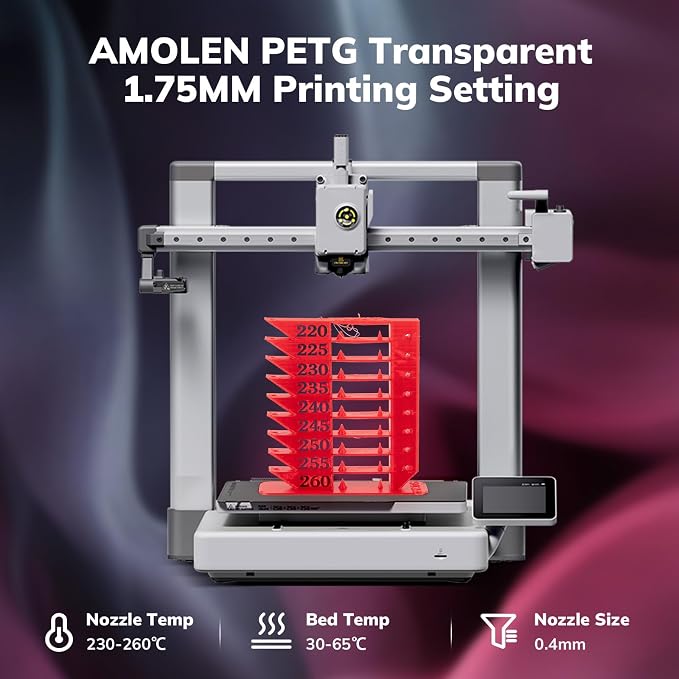 AMOLEN Rapid PETG Transparent 3D Printer Filament 1.75mm Transcucent +/-0.02mm,500mm/s High Speed Strong Toughness Christmas Multicolor Bundle Black/Purple/Red/Orange 250gx4