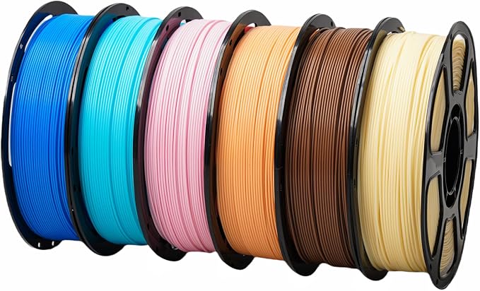 6 Pack 3D Printer Filament Bundle, 6KG PLA Plus 1.75 mm, Multi Color, 1KG per Spool, Tangle Free, Blue+Lake Blue+Pink+Eggshell Yellow+Brown+Skin