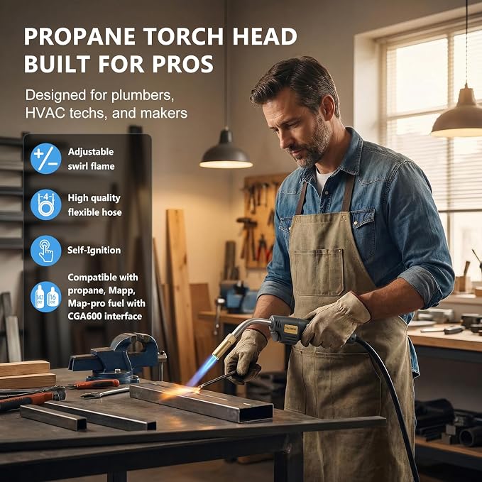 Propane Torch Kit with 4.9-Ft Hose, Adjustable Flame for HVAC | Brass Blow Torch Head 2527°F, Propane & MAPP Gas Compatible, Self-Igniting for Easy Startup