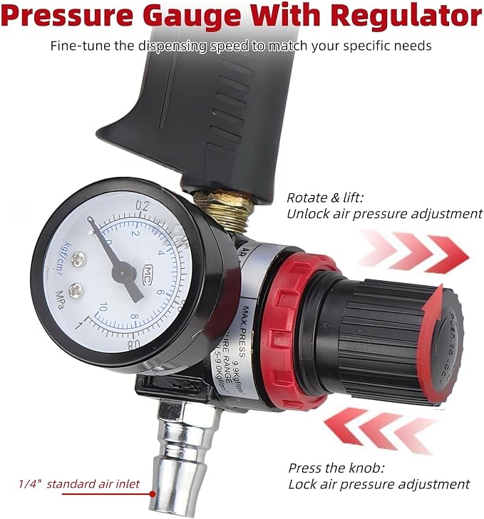 Pneumatic Caulking Gun, 310ml Dripless Sausage Silicone Caulking Gun, Air Powered Glass Glue Sealant Gun Applicator Tool, with Pressure Gauge & Regulator, for Filling and Sealing