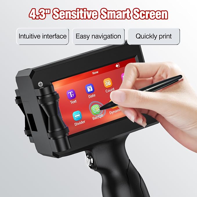 Handheld Inkjet Printer Printing Height 0.08-0.5Inch Handheld Printer Gun for Batch Code Date Time Lot Number Print on Many Materials, Inkjet Coder with 42ml Black Fast Dry Ink Cartridge