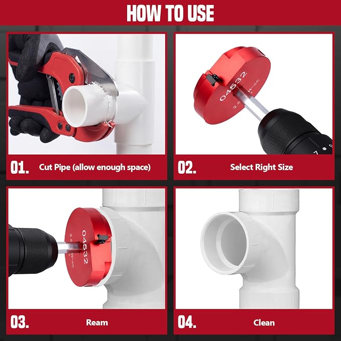 9Pcs PVC Pipe Reamer Kit, Durable Aluminum PVC Fitting Saver for Sch.40 CPVC, ABS, Lightweight Socket Saver Plumbing Tool Includes 1/2", 3/4", 1", 1-1/4", 1-1/2", 2", 2-1/2", 3", 4",1/2" Drill