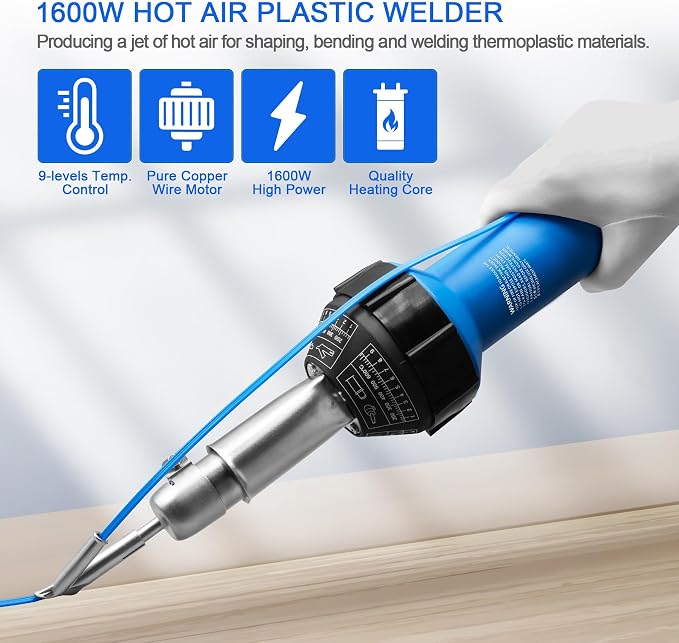 Hot Air Plastic Welder 1600W, Complete Accessories & Nozzles for Plastic Welding Roofing Kit 110V, Vinyl PVC TPO Roof Handheld Hot Air Heat Gun Plastic Welding Torch